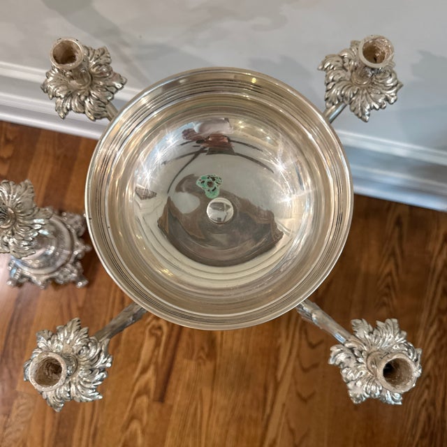 Silver Pair of Ornate Rococo-Style Silver-Plated 5-Arm Candelabras With Epergne Bowl For Sale - Image 8 of 12