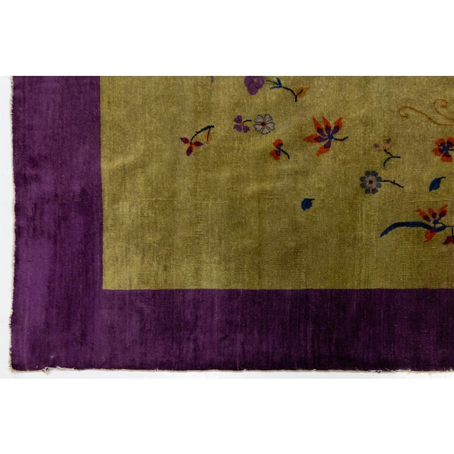 Violet Antique 1920s Art Deco Chinese Rug in Chartreuse Olive and Imperial Violet 9x12 For Sale - Image 8 of 12