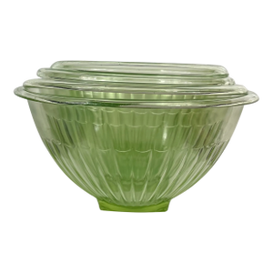 Vintage Uranium Glass Footed Nesting Bowls – Ribbed Sides & Square Bases- Set of 4