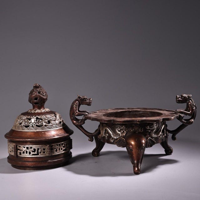 Copper & Silver Dragon Incense Burner, Coiled-Dragon Censer With Elephant Feet For Sale In Los Angeles - Image 6 of 10