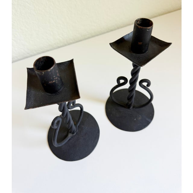 Metal 1930s Spanish Revival Wrought Iron Candlesticks, a Pair For Sale - Image 7 of 9