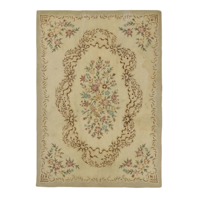 Oversized Antique Hooked Rug in Gold With Chinese Floral Designs - Rug & Kilim For Sale