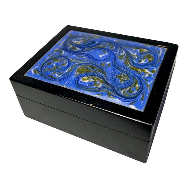 1970's Boho Chic Blue and Green Hand Tiled Black Wood Box For Sale
