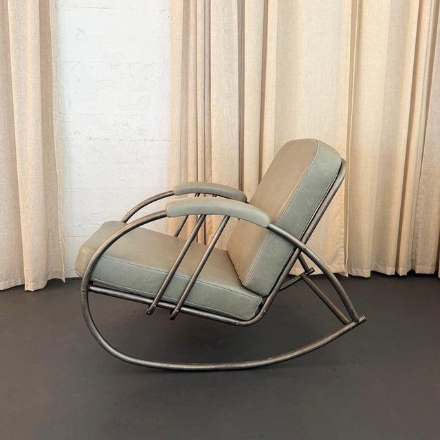 Art Deco 1930s Art Deco Steel and Leather Rocking Chair by Wolfgang Hoffman For Sale - Image 3 of 10