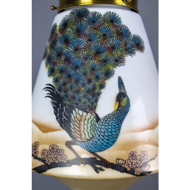 Art Deco Glass and Brass Pendant Light with Bird Paintings, France, 1930s For Sale - Image 3 of 18