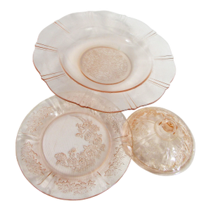 Mid 20th Century Pink Depression Glass Pieces Covered Dish and Rimmed Bowl