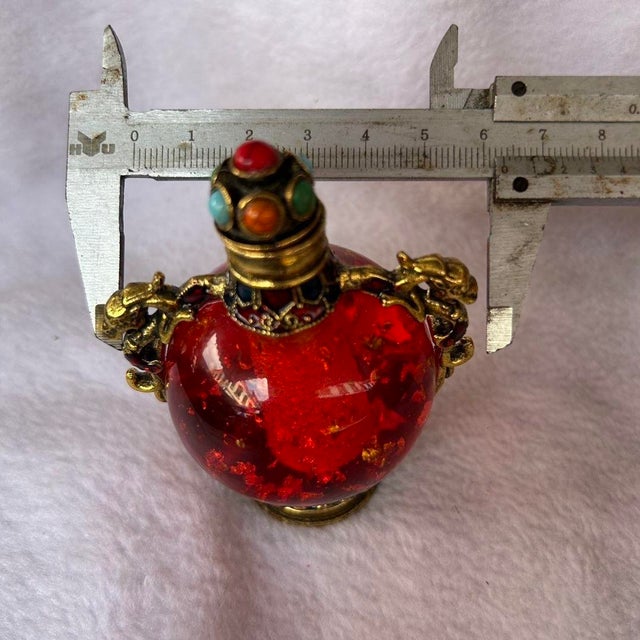 Red Vintage Red Glass Snuff Bottle — Gilt Bronze Dragon-Handled Moon Flask With Jeweled Stopper and Enamel Mounts For Sale - Image 8 of 8