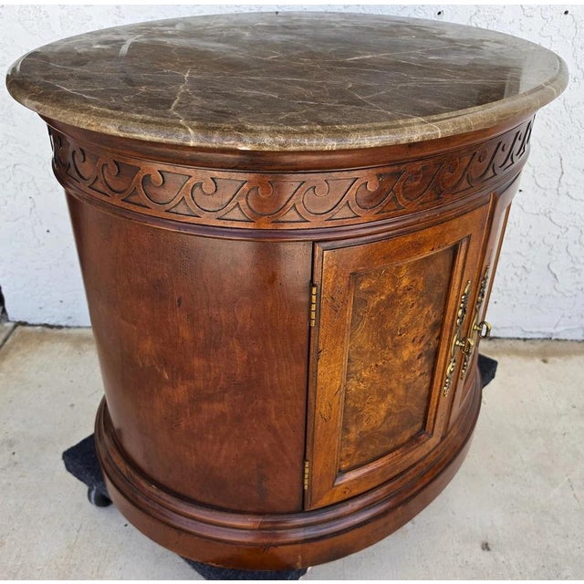 Henredon Style Mahogany & Marble Drum Center Side Bedside Table For Sale - Image 11 of 13
