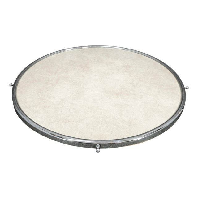 Art Deco Czech Round Serving Tray in Chrome, Glass and Wood, 1930s For Sale
