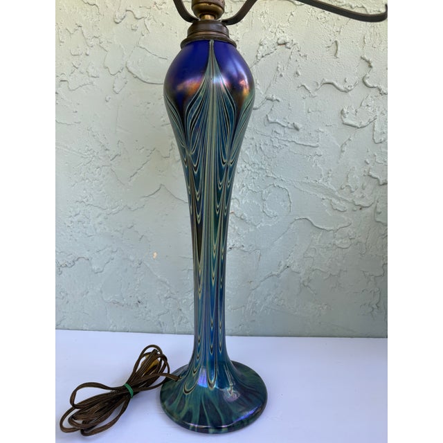 Metal Vintage Joe Clearman Signed Iridescent Pulled Feather Art Glass Table Lamp Base For Sale - Image 7 of 12