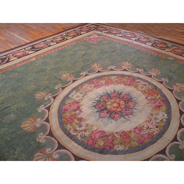 French 1820s Green Floral Medallion Antique French Charles X Period Aubusson Rug 15'8"x16'3" Flat Weave Wool Carpet For Sale - Image 3 of 9