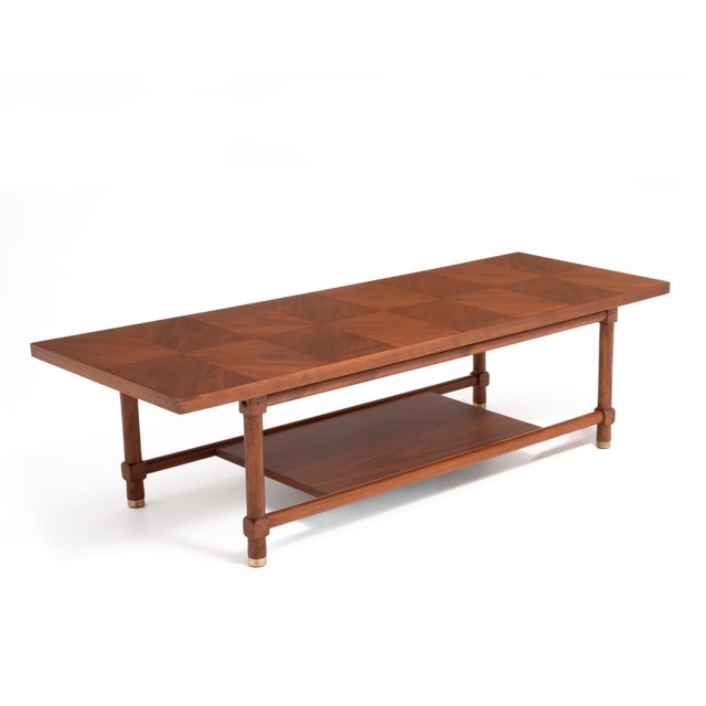 Mid-Century Modern Walnut Mid Century Checkerboard Coffee Table Brass Cap Feet After Carl Axel Acking For Sale - Image 3 of 13
