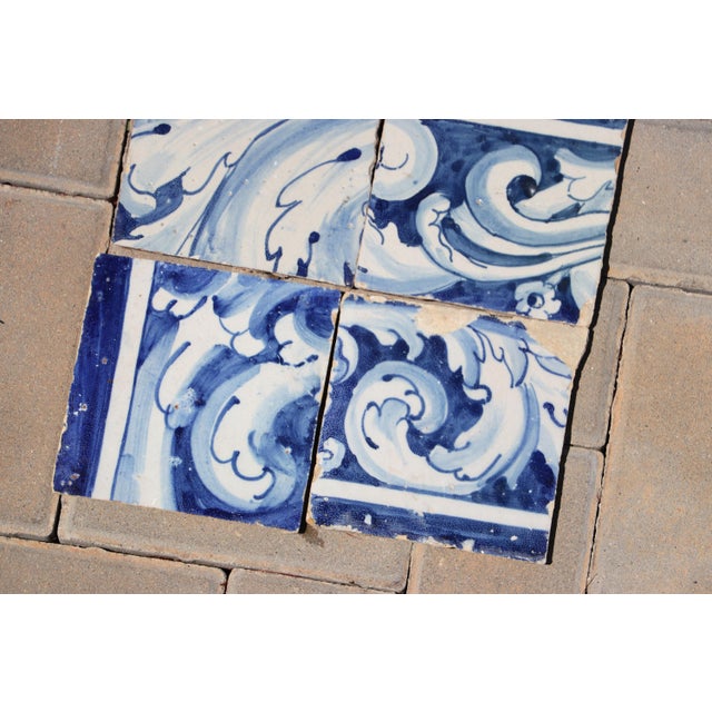 Antique 18th Century Portuguese Blue & White Baroque Tiles With Flowing Acanthus Scrollwork, Set of 6 For Sale - Image 6 of 7