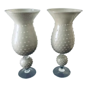 2010s Murano Style Hobnail Transitional Vases With Neutral & Metallic Gold Finish - Pair