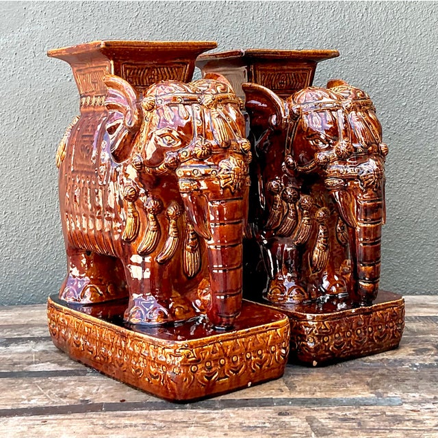 Mid-Century Modern Vintage Glazed Ceramic Elephant Low Stools - A Pair For Sale - Image 3 of 12