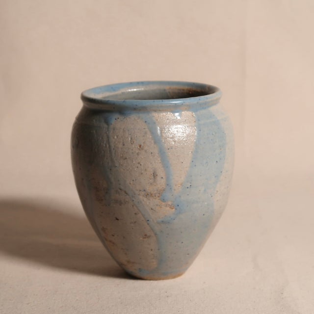Vintage Signed Artisan Thrown Studio Pottery Vase With Blue Drip Glaze and Organic Minimalist Form For Sale - Image 4 of 9