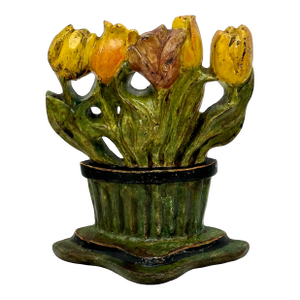 Large Antique American Cast Iron Tulip Flower Doorstop With Beautiful Original Hand Painted Features - 1920s