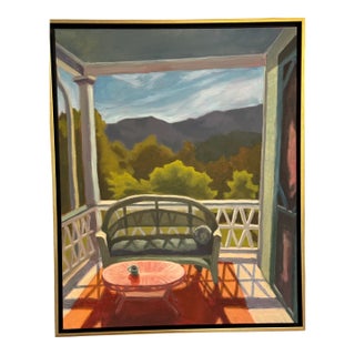 Contemporary Framed Oil Painting "Upstairs Porch, Wicker Settee" by Teresa DiMarco For Sale