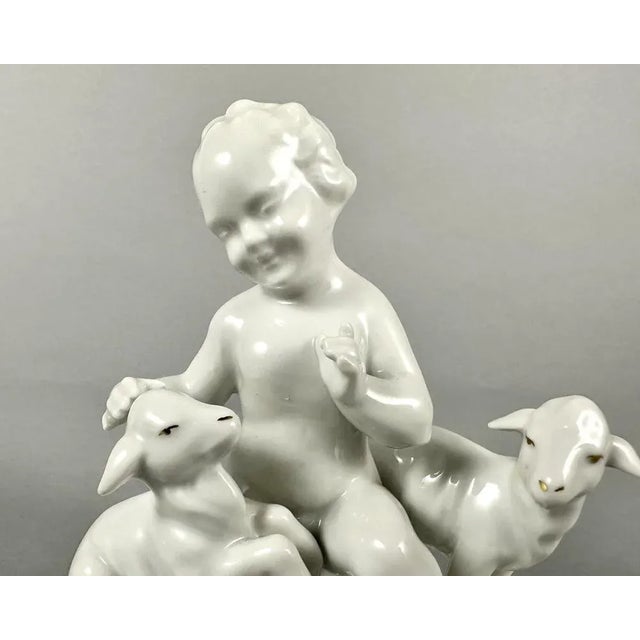 1960s Vintage Porcelain Figurine of Cherub with Lambs from Gerold & Co. Tettau, Bavaria, Germany, 1960s For Sale - Image 5 of 9