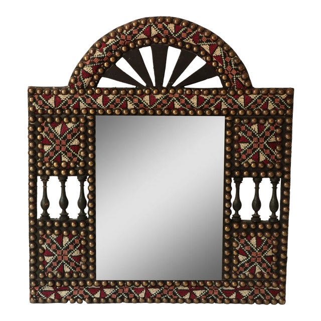 Tribal Cross Stitch Mirror With Nailhead Trim For Sale