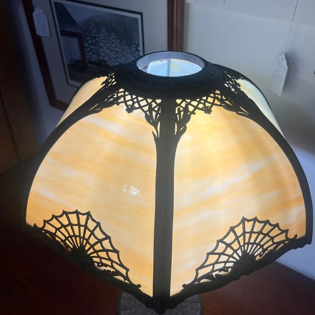 1910s Bronze Art Nouveau Slag Glass Spider Web Design Table Lamp For Sale - Image 6 of 6