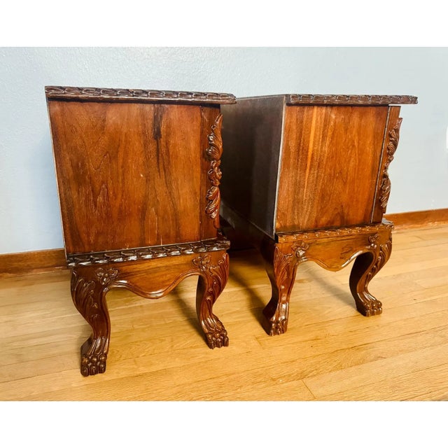 Wood Mid 20th Century Pair of Carved Wood French Style Nightstands End Tables Figured Veneer Cabinets For Sale - Image 7 of 12