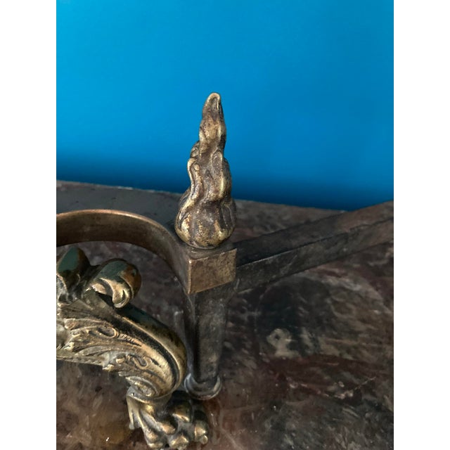 Antique Pair French Neoclassical Brass Andirons — Fluted Column, Lion Paw Feet For Sale - Image 4 of 12