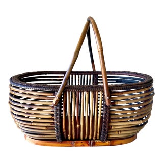Mid 20th-Century Nicely-Sized Pencil Reed Bamboo Basket With Fold-Down Handles For Sale