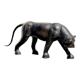 Vintage Boho Life Size Leather Panther Sculpture For Sale