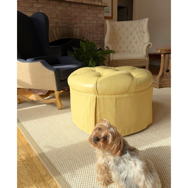 Custom Butter Yellow Tufted Leather Ottoman, Footstool For Sale - Image 18 of 18