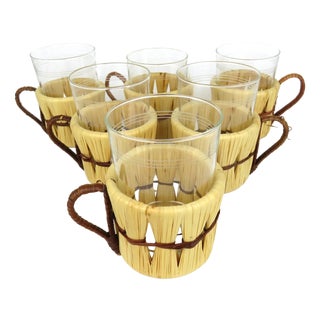 Vintage Jena Glass Tea Cups in Rattan by Schott Mainz, 1960s, Set of 6 For Sale