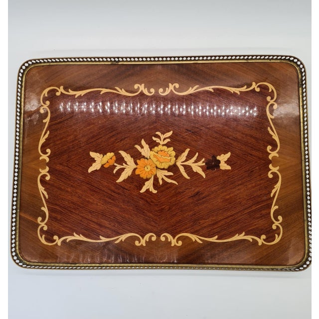 Large Neoclassical Hollywood Regency Inlaid Wooden Tray with Brass Gallery, 1960s-1970s For Sale - Image 11 of 12
