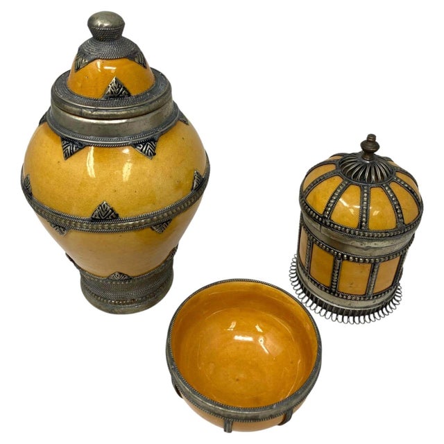 Set of 3 Vintage Moroccan Ceramic Jars with Silver Filigree, 1980 For Sale - Image 9 of 13