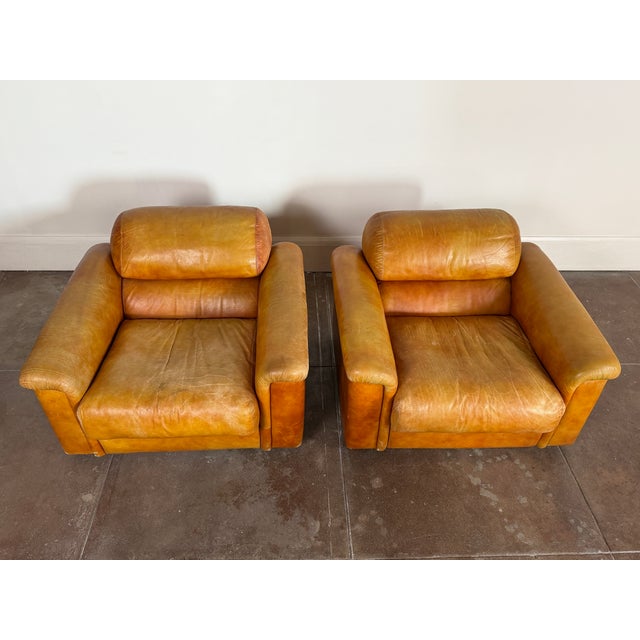 Vintage 1970's Italian Cognac Leather Lounge Chairs For Sale - Image 15 of 16