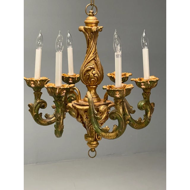 Rococo, Baroque, Italian Six Light Chandelier, Parcel Paint, Gilt, Italy, 1970s For Sale - Image 4 of 11