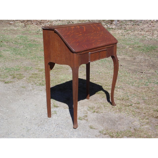 Antique Tiger Oak Slant Front Secretary Desk Queen Anne Style Writing Desk For Sale - Image 4 of 13