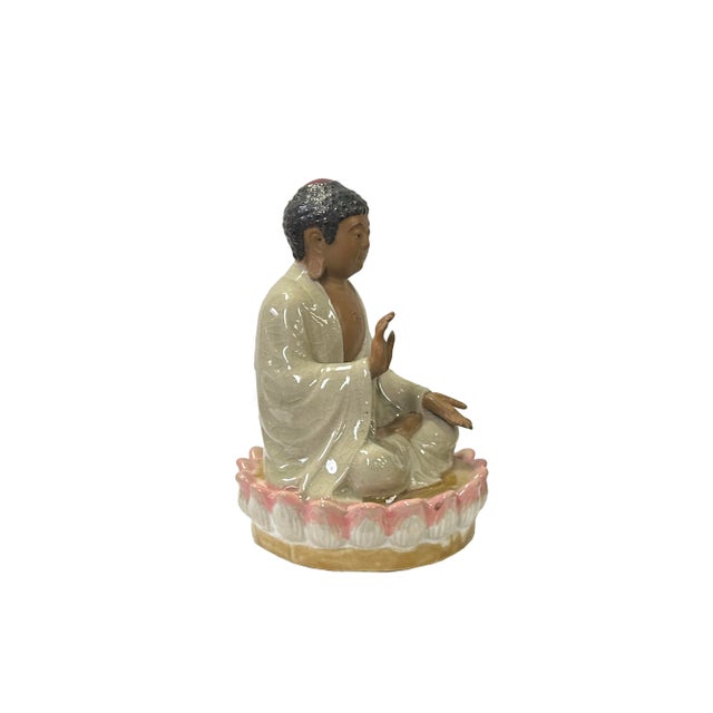 Chinese Ceramic Beige Color Sitting Buddha Amitabha on Lotus Statue For Sale - Image 4 of 5