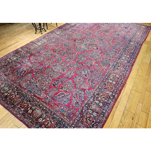 Antique Oversized Persian Sarouk Area Rug, Hand-Knotted Wool, Allover Floral Pattern, 10x18, Red & Navy For Sale - Image 9 of 18