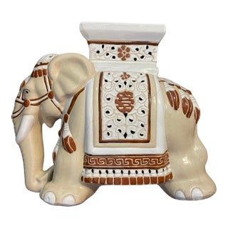 Vintage Beige Ceramic Elephant Garden Stool For Sale