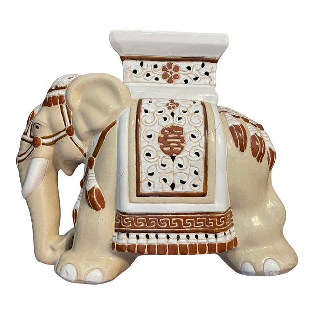 Vintage Beige Ceramic Elephant Garden Stool For Sale