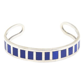Late 20th Century Geometric Sterling Silver and Lapis Lazuli Inlay Cuff Bracelet For Sale