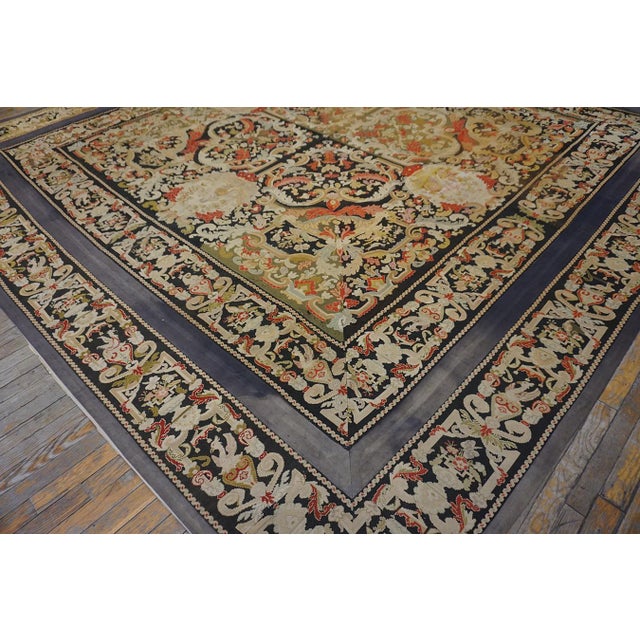 Camel 1870s Tan Camel Medallion Antique French Needlepoint Rug 11' X 11' Flatweave Wool Silk Carpet For Sale - Image 8 of 11