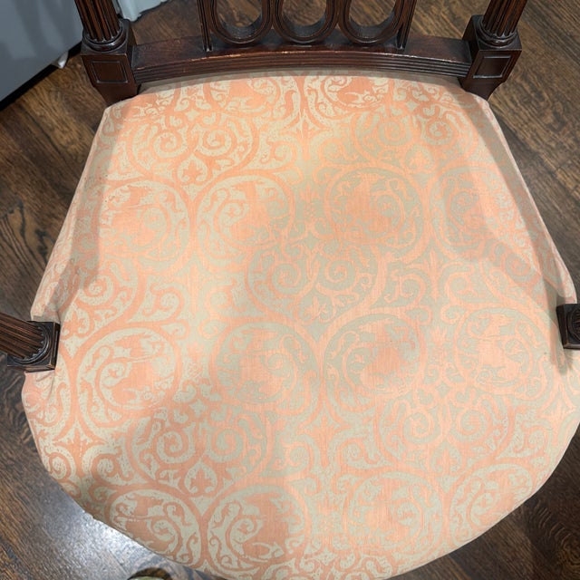 Apricot Late 20th Century Neoclassical Mahogany Finish Open Arm Accent Chair With Damask Upholstery For Sale - Image 8 of 9