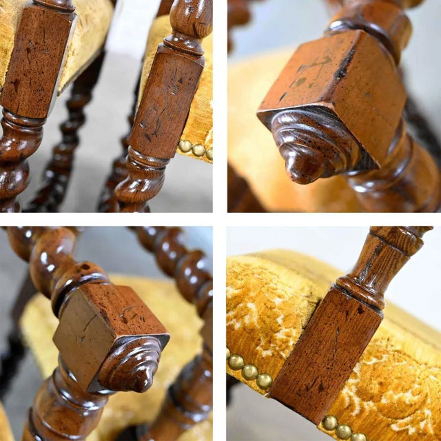 Vintage Set of 4 Large Scale Jacobean Style Armed Dining Chairs With Barley Twist Frames & Gold Sculpted Chenille by Henredon For Sale - Image 11 of 13