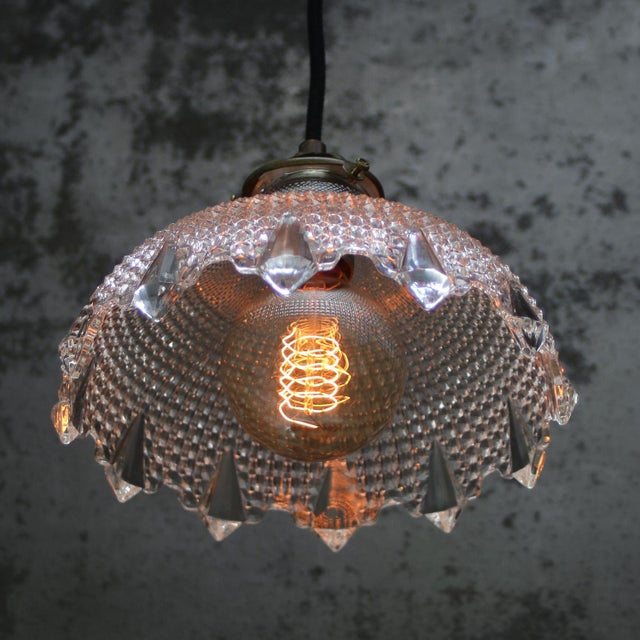 Vintage Glass and Brass Pendant Light from Holophane For Sale - Image 5 of 7
