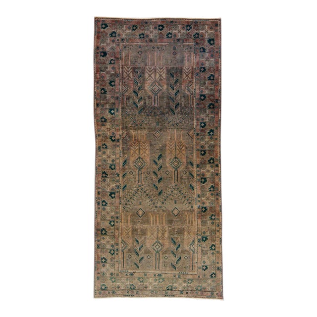 Vintage Distressed Brown Handmade Geometric Wool Runner For Sale