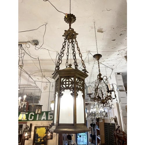 Antique Brass Neo Gothic Three Light Ceiling Pendant Light. Celtic knot pattern over the glass panels as shown. Completely...