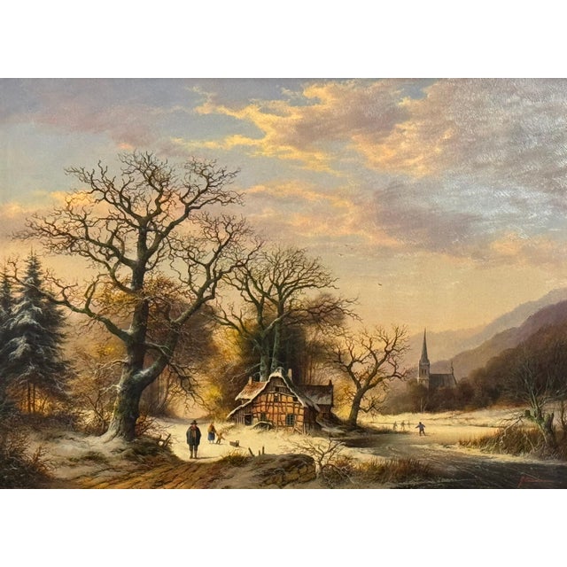 Vintage Rural Landscape Snow Scene "Winter Cold, Farm Idyll" by German Artist 1970 Circa For Sale - Image 13 of 15