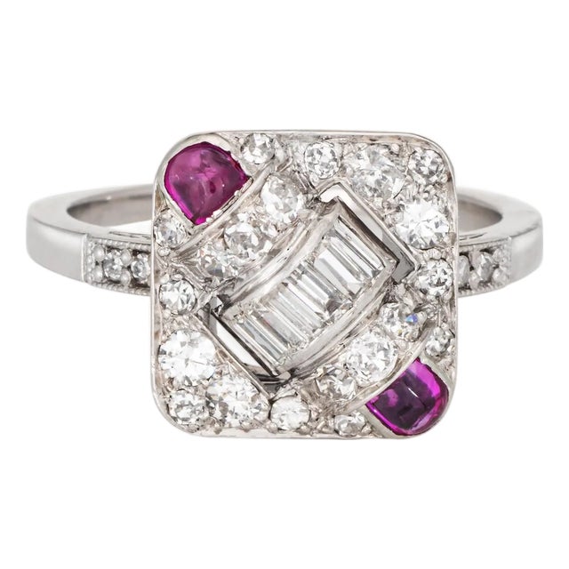 Vintage Art Deco Diamond Ruby Square Ring Sz 7.25 Platinum Jewelry 1920s For Sale