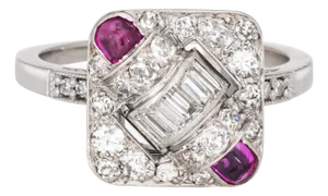 Vintage Art Deco Diamond Ruby Square Ring Sz 7.25 Platinum Jewelry 1920s